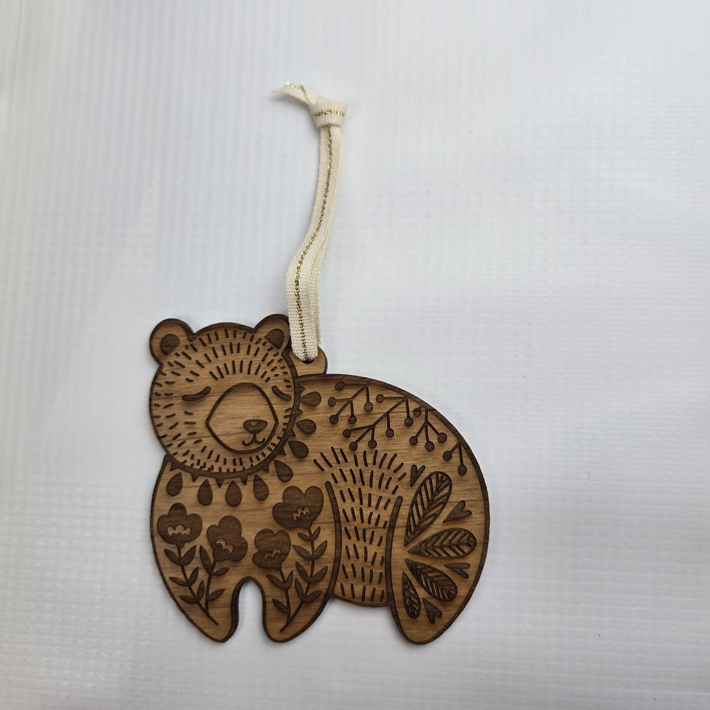 Hereafter Wooden Bear Ornament, Hanging Brown Floral "Nordic-inspired" folk art